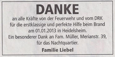 Brandeinsatz in der Silvesternacht in Heidelsheim zum 01.01.2013